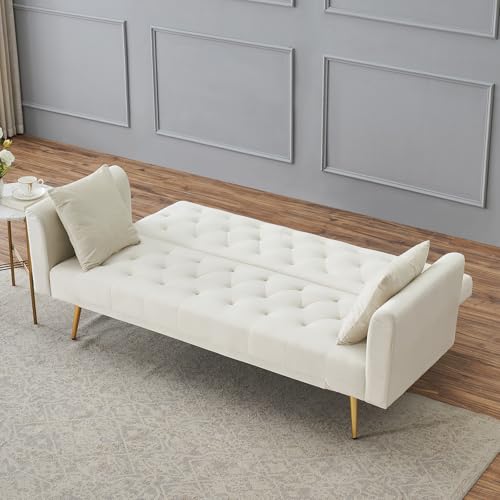 71" Modern Velvet Sofa Bed Futon, Convertible Sleeper Couch with Adjustable Backrest, Tufted Recliner Loveseat with Golden Chrome Legs & 2 Pillows for Small Spaces, Living Room, Apartment (Beige) Generic