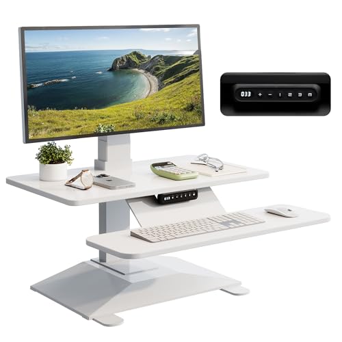 Electric Standing Desk Converter 28" Wide, Height Adjustable Desk Riser, Computer Workstation, Sit-Stand Convertor for Home, Office, School (White, 1 Arm Included) UP/SIT DASK