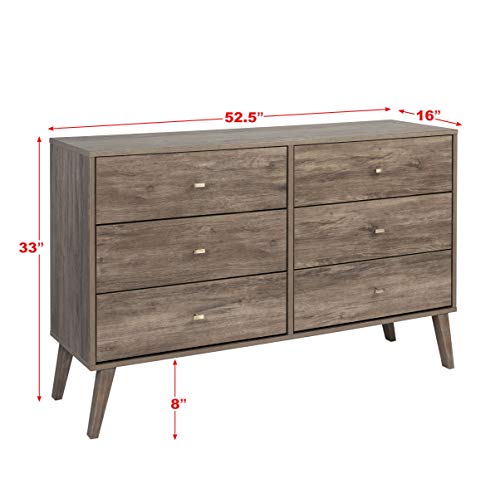 Prepac Milo Mid-Century 6 Drawer Dresser For Bedroom, 16" D x 52.25" W x 33" H, Drifted Gray - WoodArtSupply