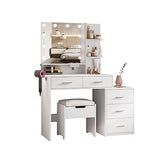 Maupvit Vanity Desk with Mirror and 10 LED Bulbs, Makeup Vanity Set with Charging Station & Nightstand, 5 Drawers Large Capacity, 2 Open Shelves, Dressing Table with Storage Stool for Bedroom, White Maupvit