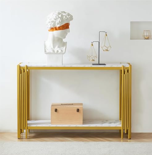 Goderfuu 48.8" White Faux Marble Console Table for Living Room, 2-Tier Rectangular Marble Sofa Table with Gold Metal Frame, Mid Century Modern Console Table Hallway Entryway Table, Gold Console Table Goderfuu