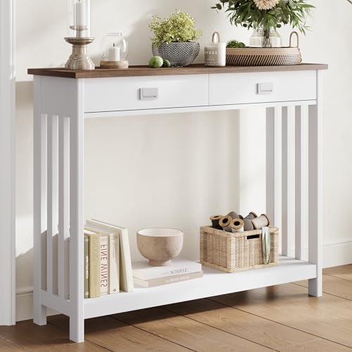ChooChoo Farmhouse Long Entryway Table with Drawer, Mission Narrow Console Sofa Table with Storage, for Entryway,Living Room and Hallway, 47 Soft White and Brown ChooChoo