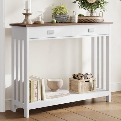 ChooChoo Farmhouse Long Entryway Table with Drawer, Mission Narrow Console Sofa Table with Storage, for Entryway,Living Room and Hallway, 47 Soft White and Brown ChooChoo