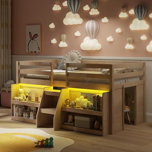 Giantex Low Loft Bed with LED Lights, Wooden Twin Loft Bed with Stairs & Safety Guardrail, Loft Bed Twin Size with Storage Bookcase and Under-Bed Play Space, Loft Bed for Kids (Natural) Giantex