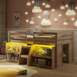 Giantex Low Loft Bed with LED Lights, Wooden Twin Loft Bed with Stairs & Safety Guardrail, Loft Bed Twin Size with Storage Bookcase and Under-Bed Play Space, Loft Bed for Kids (Natural) Giantex