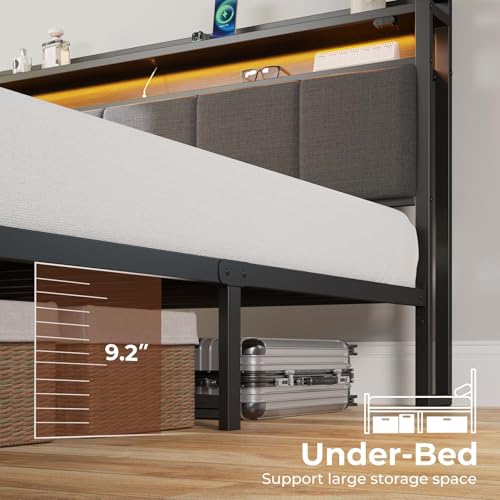 Rolanstar Bed Frame King Size with Charging Station and LED Lights, Upholstered Headboard with Storage Shelves, Heavy Duty Metal Slats, No Box Spring Need, Noise Free, Easy Assembly, Dark Grey Rolanstar