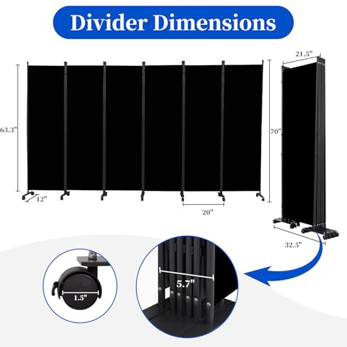 Room Divider 6FT Room Partition with Lockable Wheels, (Thicked Metal Base) Room Dividers, Freestanding Indoor Folding Privacy Screens, Portable Fabric Wall Divider for (Black, 132"- 6 Panel) JVVMNJLK