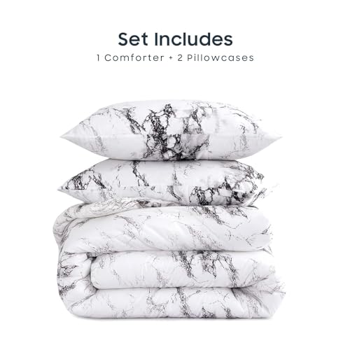 Wake In Cloud - Marble Comforter Set, Neutral Modern Aesthetic for Men Women, Soft Lightweight Bedding, 3 Pieces, Black White, California King Size Wake In Cloud