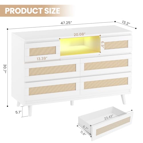 GarveeHome Natural Rattan Dresser for Bedroom with LED Light and Charging Station, 6 Drawer Double Dressers, Modern Wooden Dresser Chest, Beside Table for Closet, Nursery, Living Room, White - WoodArtSupply