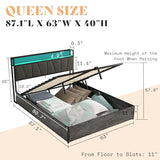 AMERLIFE Queen Size Lift Up Bed Frame with Linen Upholstered & LED Light & Storage Headboard, Platform Bed Frame with Charging Station, No Box Spring Needed, Noisy Free, Rustic Grey AMERLIFE