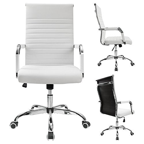 Furmax Ribbed Office Desk Chair Mid-Back PU Leather Executive Conference Task Chair Adjustable Swivel Chair with Arms (White) Furmax