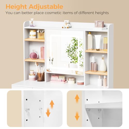 BEWISHOME Vanity Desk with Mirror and Lights, Makeup Vanity Table with Power Outlet,Stool Vanity Table with 9 Drawers 6 Storage Shelves Jewelry Storage,Dressing Table for Bedroom Girls White FST36W BEWISHOME