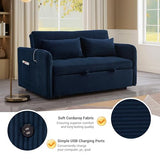 N NOORDENIYA 55.5" Corduroy Convertible Sofa Bed, Pull Out Sleeper Sofa Bed, Loveseat Couch with USB Charging Ports, 3 in 1 Convertible Sleeper Sofa Bed for Living Room, Apartment, Bedroom, RV, Blue N NOORDENIYA