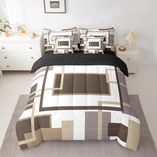 Erosebridal 7Pcs Khaki Square Geometric Comforter Set Twin,Minimalist Striped Abstract Bed in A Bag for Women Men Adults,Modern Aesthetic Art Quilt Set with Pillowcases,Geometric Stripes Bedding Erosebridal