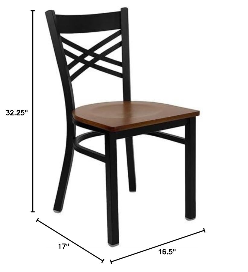 Flash Furniture HERCULES Series Black ''X'' Back Metal Restaurant Chair - Cherry Wood Seat - WoodArtSupply