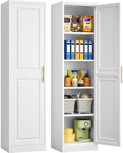 SISESOL 71" Tall Narrow Storage Cabinet with 1 Door and 5 Shelves,Slim Kitchen Pantry Cabinet,White Metal Bathroom Cabinets,Large Cupboard for Home,Kitchen,Laundry,Bathroom SISESOL