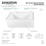 Kingston Brass VTAP603222L Aqua Eden 60-Inch Acrylic Alcove Tub with Left Hand Drain Hole, L 60" x W 32" x H 21-5/8"D, White Kingston Brass