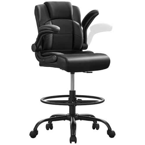 Ergonomic Drafting Chair,Tall Office Chair for Standing Desk with Flip-Up Armrests,Adjustable Foot Ring & Height, High Leather Executive Office Chair for Home,Drawing or Counter Height Use KWKSV