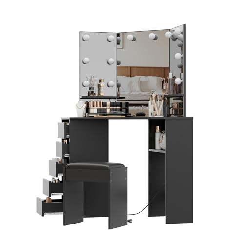 MilleLoom Corner Vanity Desk with Mirror and Led Lights - Makeup Table with 5 Drawers, Shelves, and Vanity Stool - Perfect for Bedroom or Bathroom, Black MilleLoom