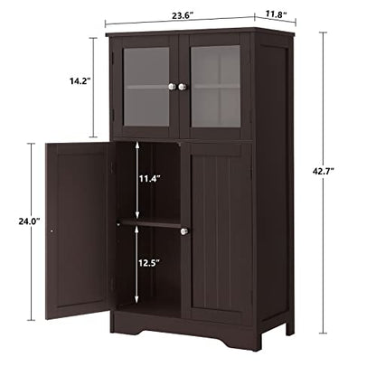 Iwell Bathroom Cabinet, Storage Cabinet with Glass Doors & Adjustble Shelf, Bathroom Floor Cabinet, Cupboard for Living Room, Home Office, Enterway, Brown