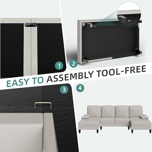 JAMFLY Sectional Sofa Couches for Living Room, 4 Seat U-Shaped Sofa Couch Living Room Furniture Sets Clearance with Double Chaises, Beige JAMFLY