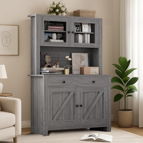 IDEALHOUSE 63" Kitchen Pantry Cabinet with Drawers, Hutch Cabinet with Storage, Microwave Stand, Adjustable Shelves, Freestanding Tall Pantry Storage for Dining Room, Living Room, Grey IDEALHOUSE