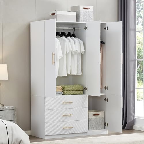 Idealcabin 3 Doors White Modern Wardrobe Armoire Wooden Closet Cabinet with Hanging Rod ShelvesBedroom Clothes Storage Organizer Bathroom Wood Closet with 3 Drawers (20.3" D x 47.2" W x 74.2" - WoodArtSupply