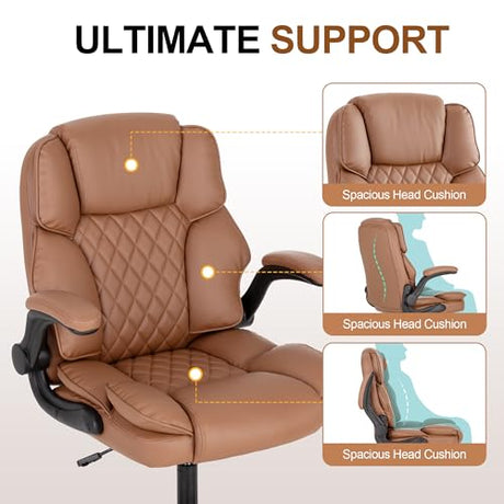 BOWTHY Office Desk Chair,Mid Back Executive Leather Chair,Ergonomic Home Computer Chair,Modern Conference Room Chairs with Adjustable Flip-Up Arms and Rocking Function (Brown) BOWTHY