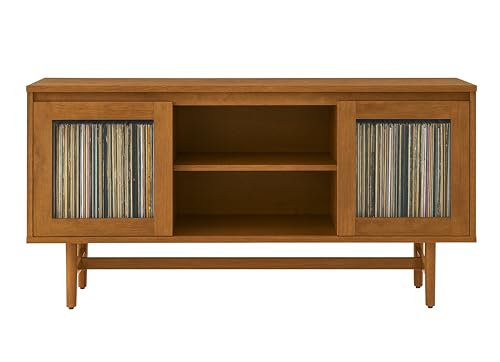 Crosley Furniture Dempsey Record Player Cabinet Vinyl Storage and Display Mid-Century Modern Turntable Stand, Walnut Crosley Furniture