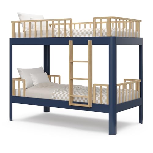 Storkcraft Next Santos Twin-Over-Twin 5-in-1 Convertible Bunk Bed (Midnight Blue with Natural) – GREENGUARD Gold Certified, Converts to Loft Bed and Twin Beds, Modern Style for Kids Room