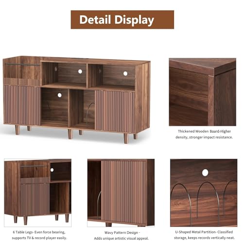 fineway Large Record Player Stand with Power Outlets & LED Lights, Record Player Table Cabinet with Vinyl Record Storage Holds up to 500 Albums, Turntable Stand for Living Room, Bedroom fineway