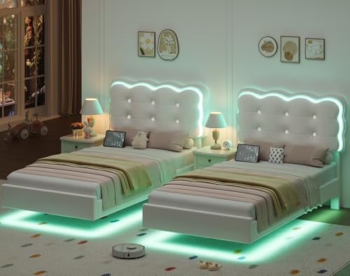 HIFIT 2 Set Upholstered Twin Size LED Bed Frame with Charging Station, Adjustable Crystal-Tufted Puffs Headboard, Velvet Girls Floating Twin Platform Bed Frames for Kids with Under Bed Lights, Beige HIFIT
