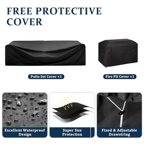 VONZOY 8 Pieces Outdoor Patio Furniture Set with 44" Fire Pit Table Rattan Sectional Conversation Sets w/Gas Fire Pit, Coffee Table, 2 Waterproof Covers, Navy Blue VONZOY