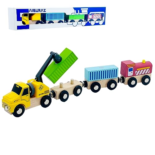 Wooden Trains Cars with Crane Magnetic Train Toys for Wooden Train Tracks Train Sets for Toddlers and Kids Ages 3+ (Crane Train) SAIBURAZ