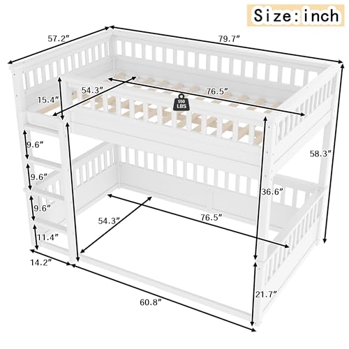 Bellemave Full Over Full Bunk Bed for Kids/Adults,Floor Bunk Beds with Inclined Ladder,Solid Wood Low Bunk Bed for Teens,Girls,Boys,Detachable,White Bellemave