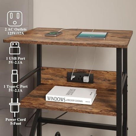 DALEMHOME Record Player Stand with Charging Station, 3-Tier Side Table for 100 Vinyl Storage, End Table for Living Room, Bedroom, Rustic Brown HKET1002BR DALEMHOME