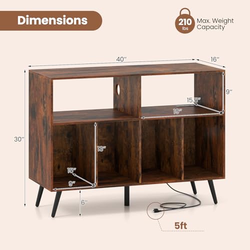Giantex Large Record Player Stand with Charging Station, Turntable Stand Holds Up to 300 Albums, Record Player Table with Raised Leg, Vinyl Record Storage for Living Room (Rustic Brown) Giantex