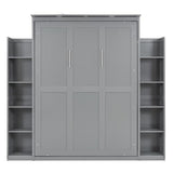Merax Full Size Murphy Bed with 2 Five-Layer Cabinet, Modern Wall Bed with Shelves and LED Lights, Foldable Wood Platform Bed Folded into Cabinet for Guest Room, Home and Office, Grey Merax