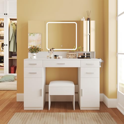 Airynee Vanity Desk with Mirror, 9 Drawers Makeup Vanity Tables with Power Outlet, Tri-Folding & 3 Colors Adjustable LED Lighted Mirror, Vanities Desk Set for Bedroom, Dressing Room, White Airynee