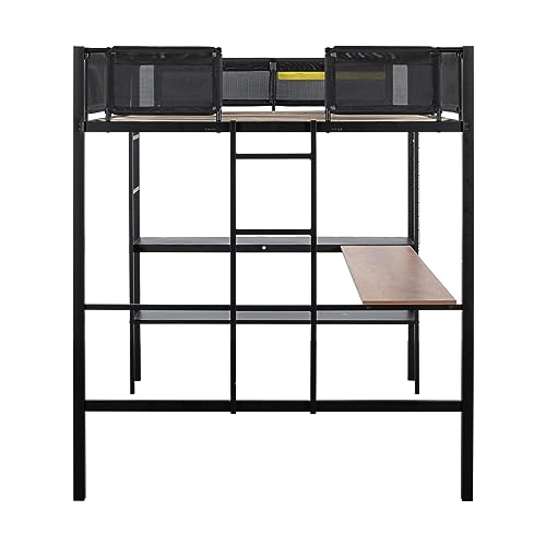 Adigyco Sturdy Metal Loft Bed with Built-in Desk, Shelves & Textilene Guardrails - Black - WoodArtSupply