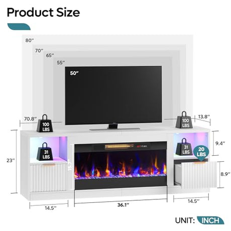 Bestier 70” Fireplace TV Stand for TVs Up to 80", LED Entertainment Center with 36" Electric Fireplace, Modern Fluted Media Console Table with Drawers, TV Cabinet for Living Room - White Bestier