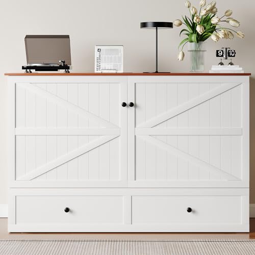 Mjkone 63" Width Queen Size Murphy Bed Cabinet with Charging Station, Mattress Included, Storage Cabinet Murphy Bed Chest Cabinets with Foldable Panel for Guest Small Spaces, Home Offices, White Mjkone