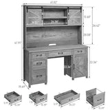 Farmhouse 67''H Executive Desk with Hutch & 5 Drawers, Rustic Office Desks Computer Desks with Charging Station, File Drawers and Storage Cabinets, Wood Workspace for Home Office & Study.（Grey）. Vabches