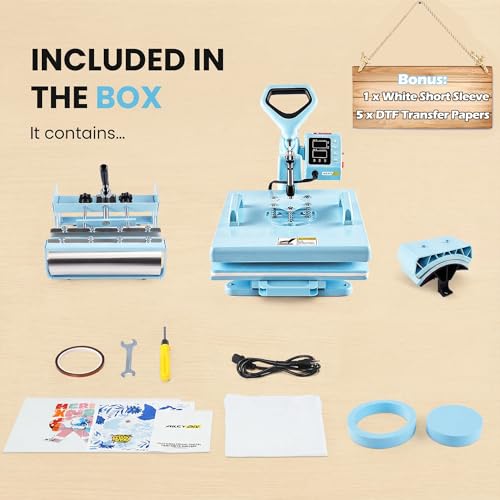 Upgrade 15x15 Heat Press, 5in1 Set Heat Press Machine with 11-30oz Tumbler/Mug/Hat Press, 360° Swing Away Digital Shirt Press, Slide Out Sublimation heatspress for Beginners (15‘’X15‘’ Blue 5in1) AKEYDIY