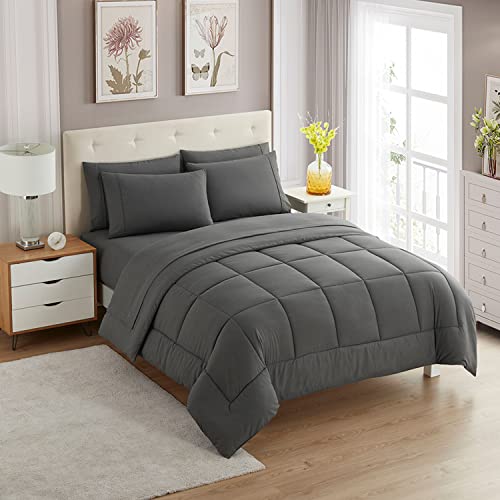 Full Size Comforter Set with Sheets - 7-Piece Bedding Collection - 1 Comforter, 1 Fitted Sheet, 1 Flat, 4 Pillowcases - Deep Pocket - Soft & Breathable Premium Quality - Ideal for All Seasons, Gray Sweet Home Collection