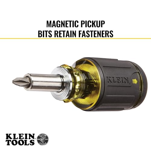 Klein Tools 32308 Multi-bit Stubby Screwdriver, Impact Rated 8-in-1 Adjustable Magnetic Tool with Phillips, Slotted, Square and Nut Driver Klein Tools