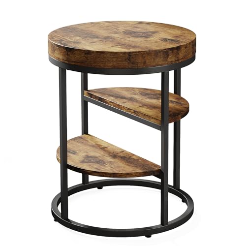 Tribesigns Round End Table, Small End Table with 3 Storage Shelves, Wood Side Table for Small Spaces, Industrial Sofa Side Table for Living Room, Rustic Brown Nightstand and Bedside Table for - WoodArtSupply