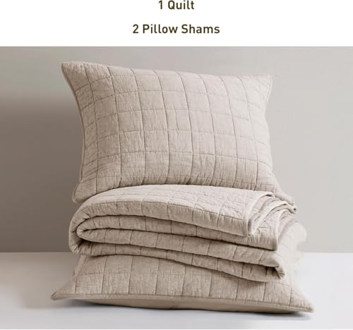 Hyde Lane Linen Quilt Set Queen Size - Breathable Box Stitched European Flax Bedding Set for Bedspread and Coverlet, with 2 Pillow Shams, 90"x96", Linen Hyde Lane