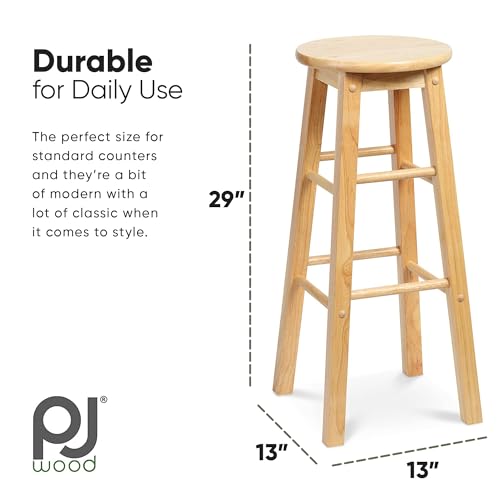 PJ Wood 29 Inch Tall Classic Round Seat Kitchen Counter Bar Stools 2 Pack with 4 Square Legs for Homes, Dining Spaces, and Bars, Natural PJ Wood