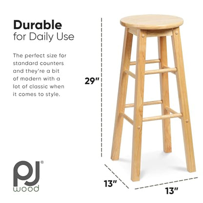 PJ Wood 29 Inch Tall Classic Round Seat Kitchen Counter Bar Stools 2 Pack with 4 Square Legs for Homes, Dining Spaces, and Bars, Natural - WoodArtSupply